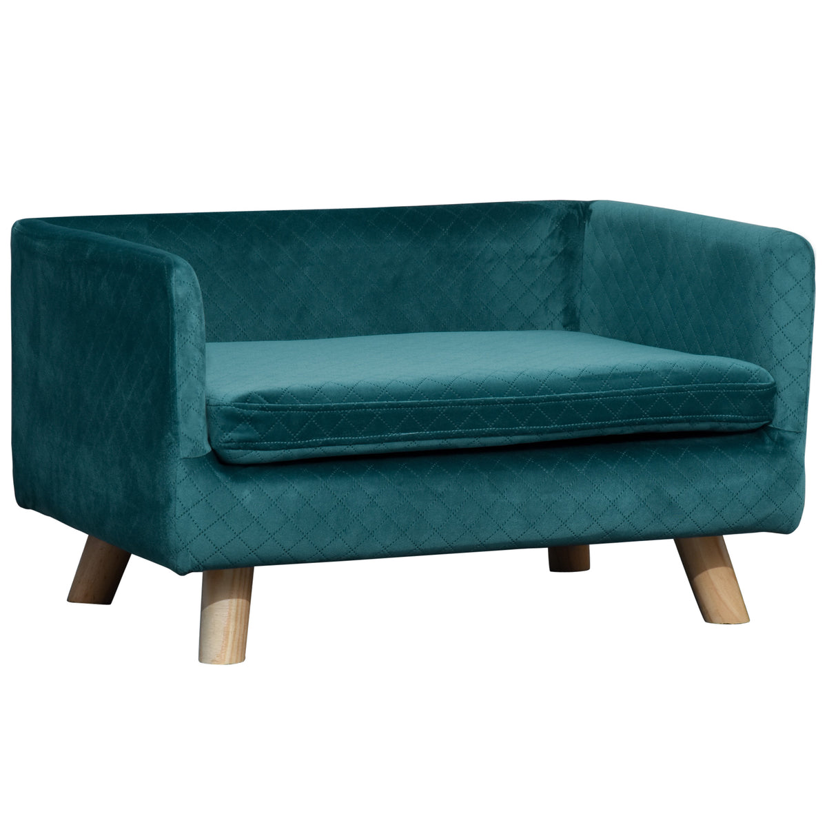 Sofá de terciopelo para perros pequeños con patas de madera, azul verdoso
