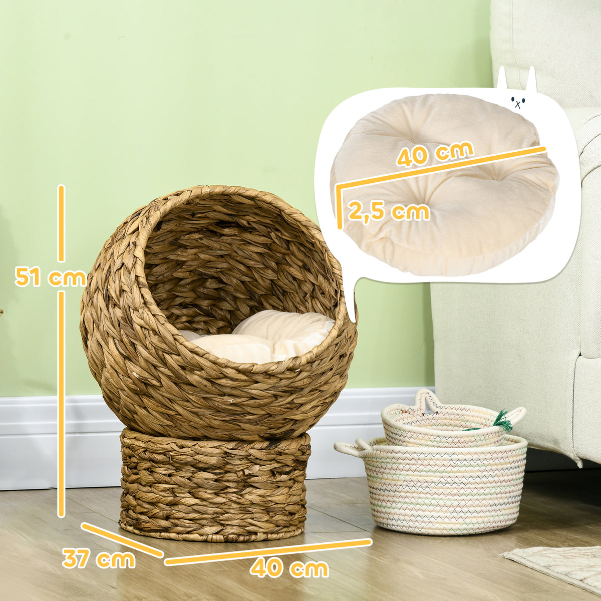 Cama cueva de fibra trenzada para gatos con cojín lavable, 40 x 37 x 51 cm