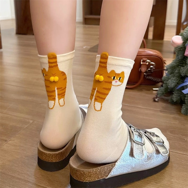 Calcetines con pompón de gato de dibujos 3D