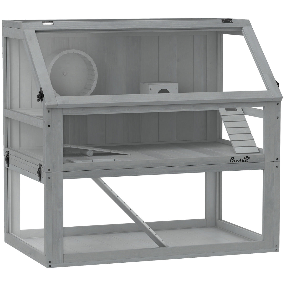 Jaula para hámster de madera 3 niveles con base profunda extraíble, 80x50x76 cm, gris claro-0