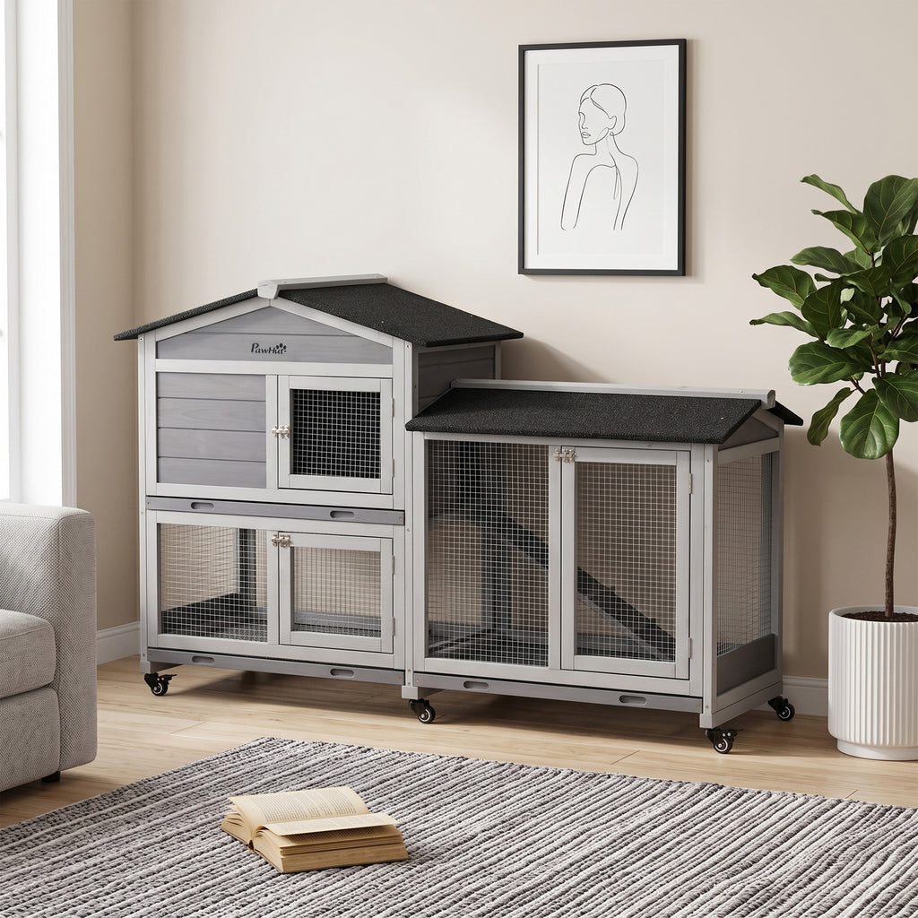 Conejera de exterior de madera con ruedas y 2 pisos, 157 x 53 x 99,5 cm, gris