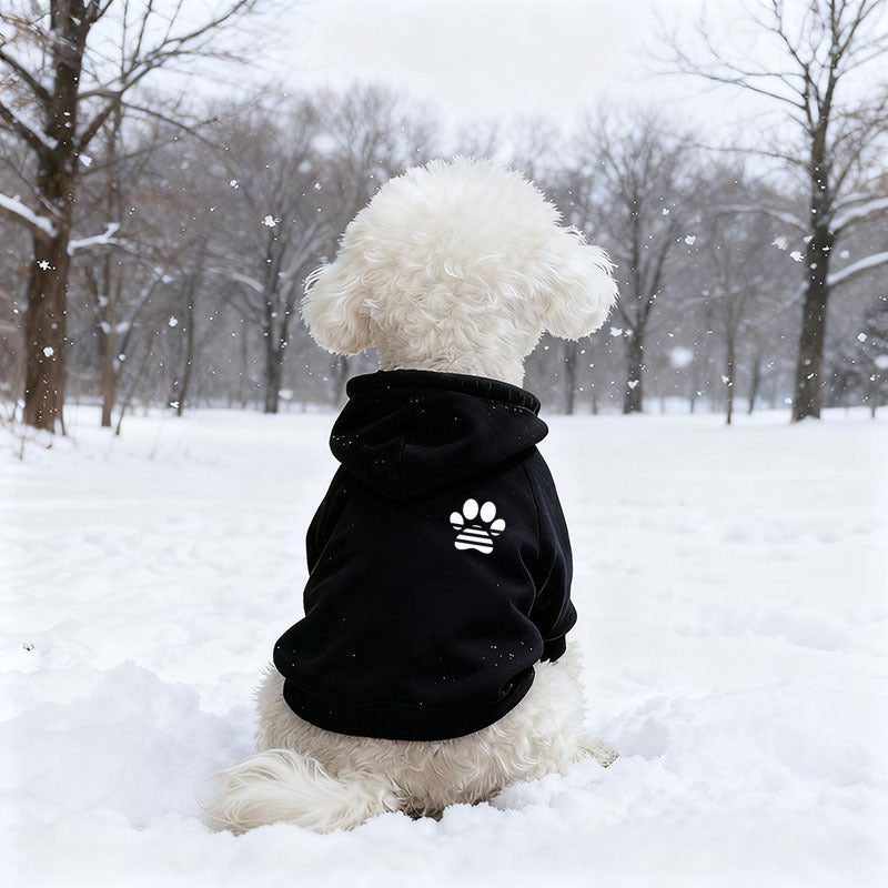 Sudadera de forro polar con capucha para perros y gatos – Negro con huellas en el pecho
