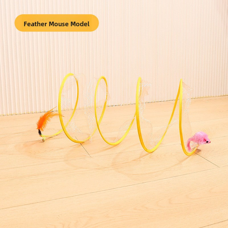 Túnel interactivo para gatos con plumas y cascabeles