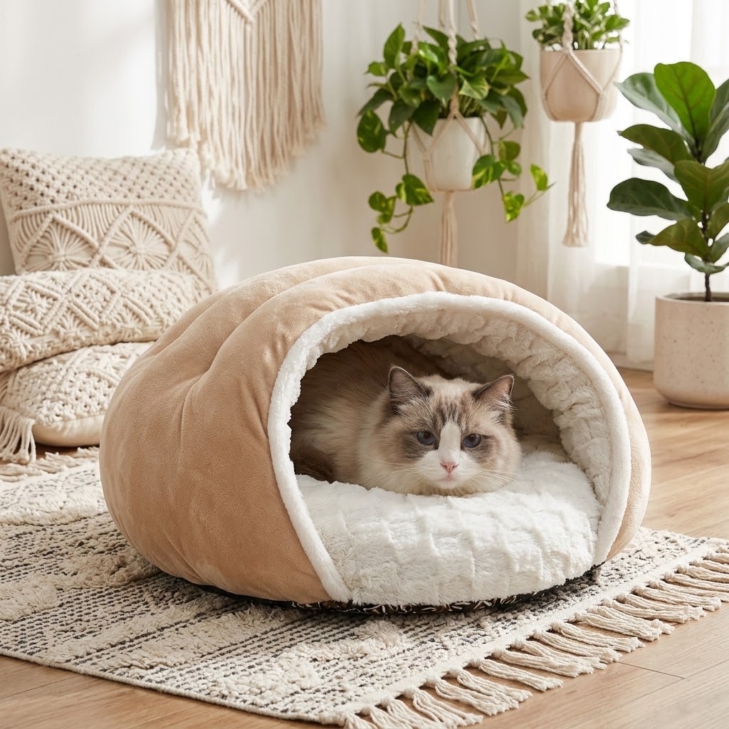 Cama cueva de felpa para perros y gatos sobre alfombra de flecos