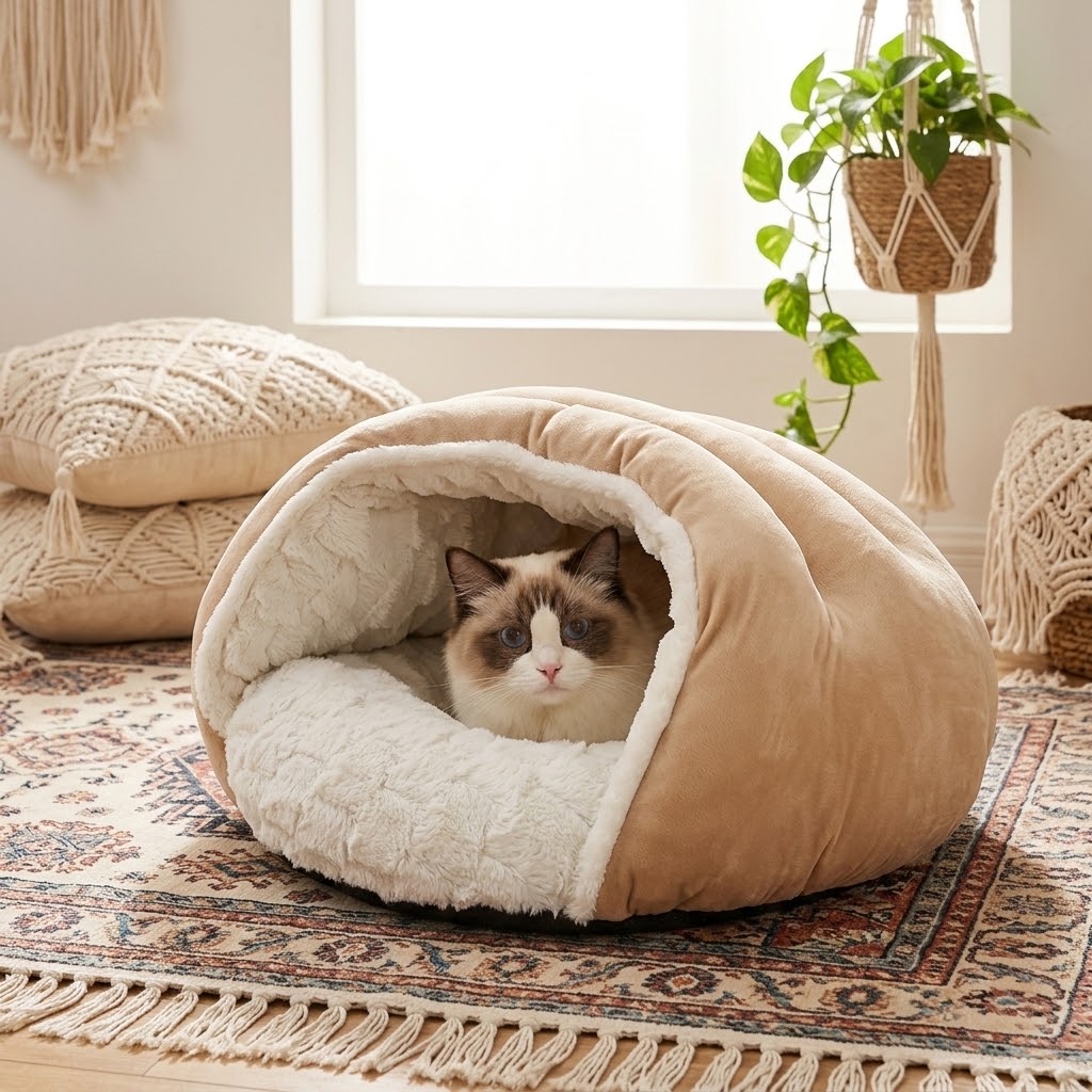 Cama cueva de felpa con gato ragdoll en salón boho luminoso