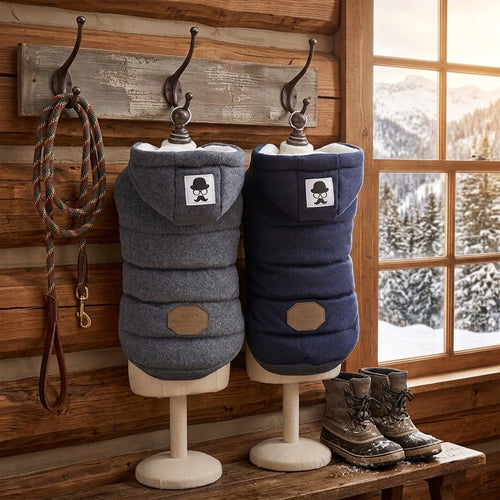 Abrigos de invierno con capucha gris y azul marino para perros y gatos