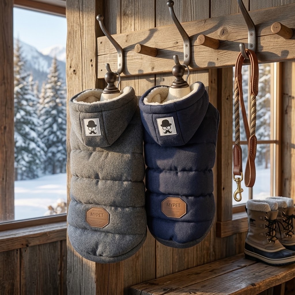 Abrigo de invierno con capucha para perros y gatos colgado en recibidor de cabaña nevada