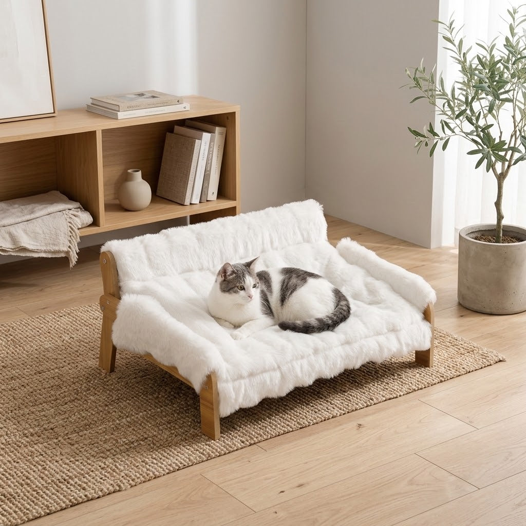 Cama elevada tipo sofá para perros y gatos pequeños con olivo y estantería