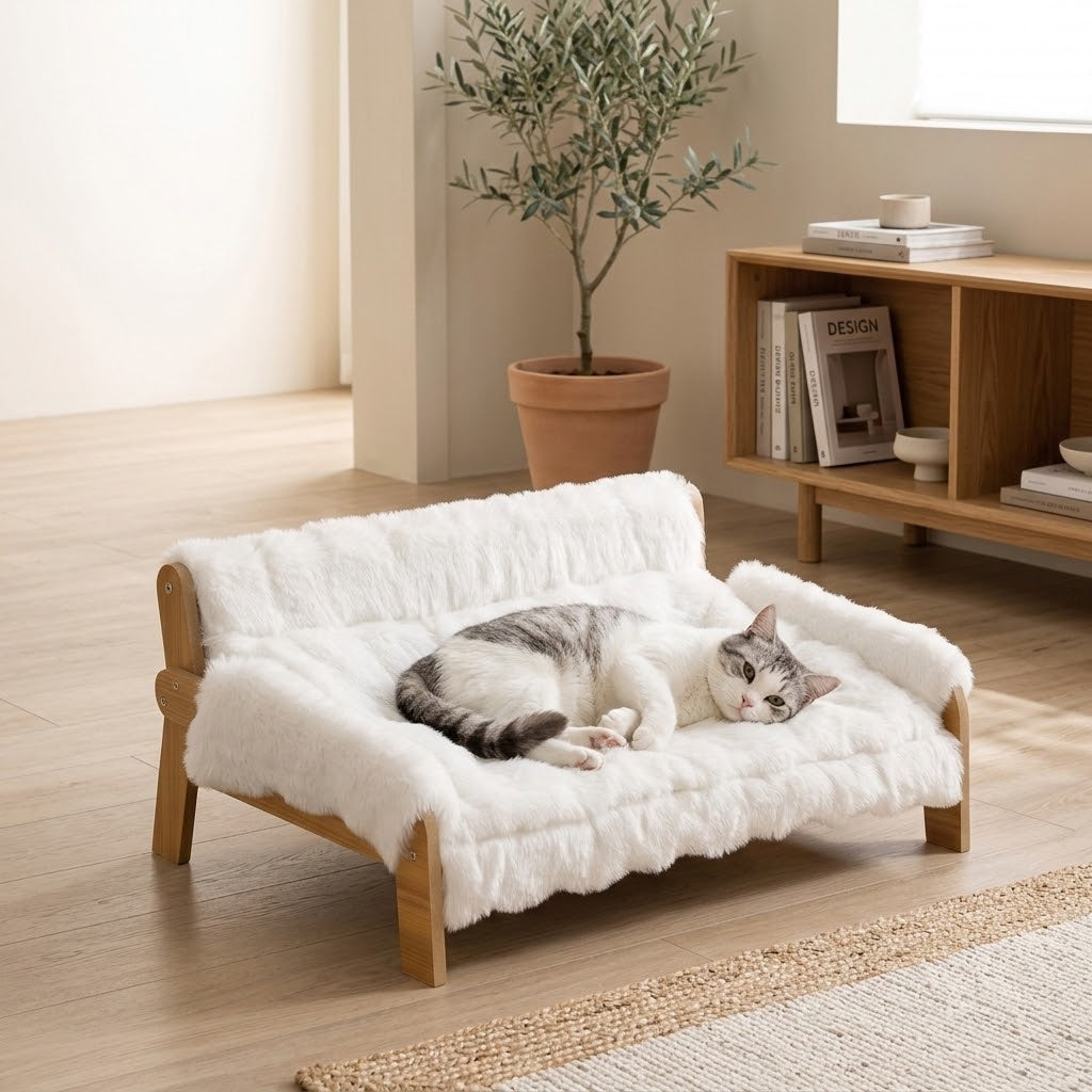Cama elevada tipo sofá con gato en salón japandi luminoso