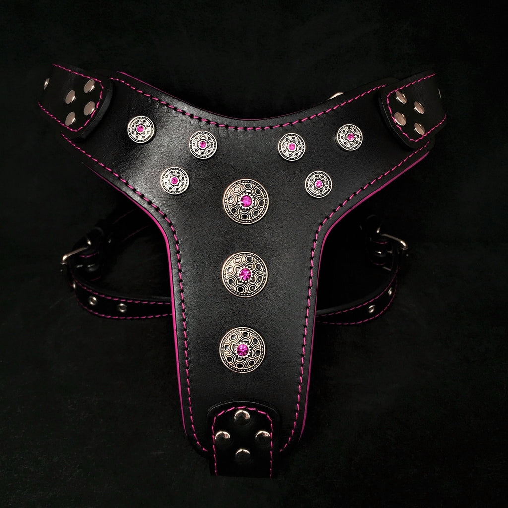 Arnés de cuero Bestia Bijou negro y rosa para perros grandes