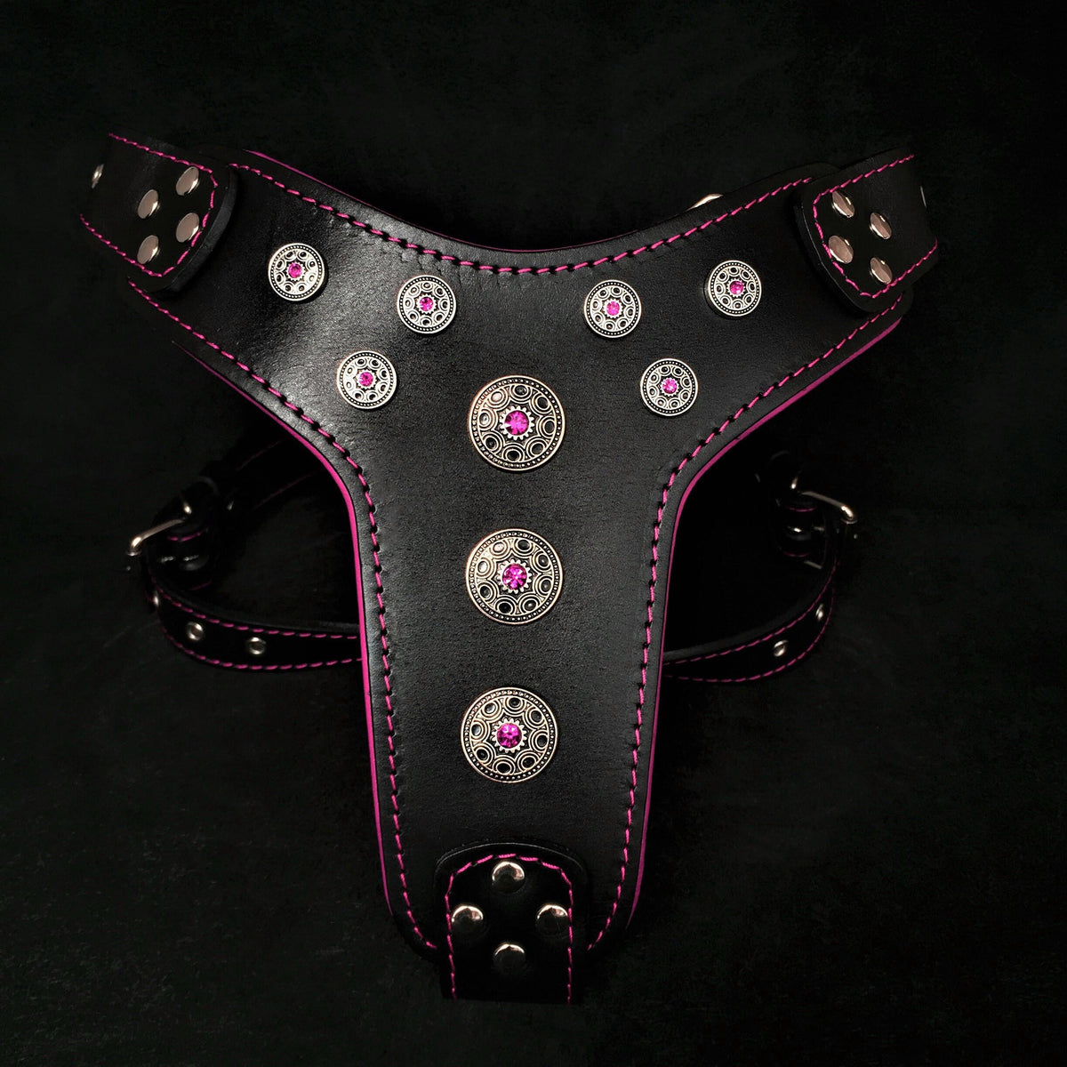 Arnés de cuero Bestia Bijou negro y rosa para perros grandes
