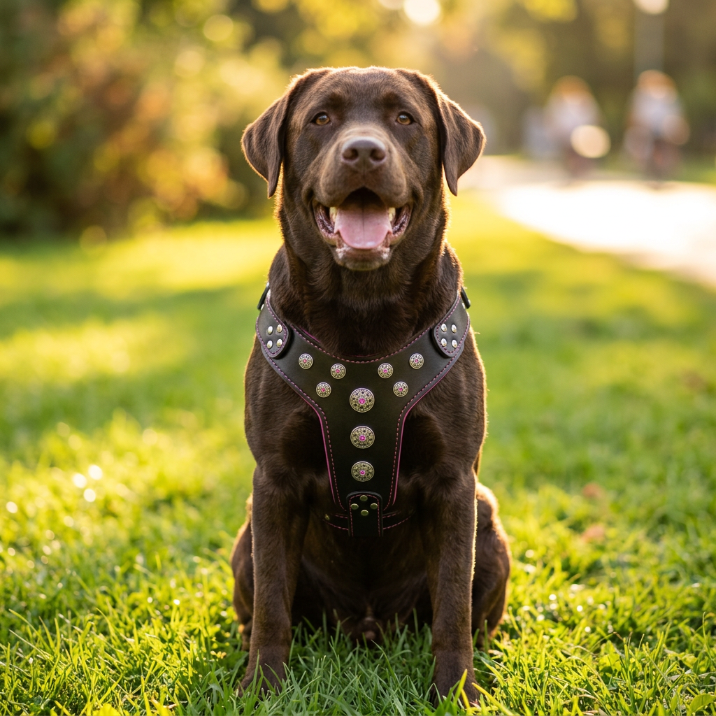 Arnés de cuero Bestia Bijou negro y rosa para perros grandes