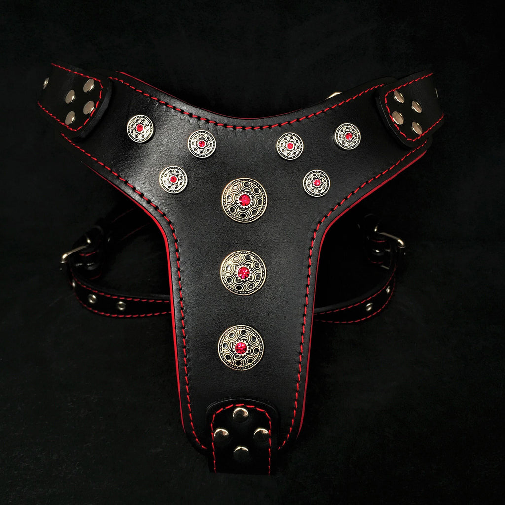 Arnés de cuero Bestia Bijou negro y rojo para perros grandes