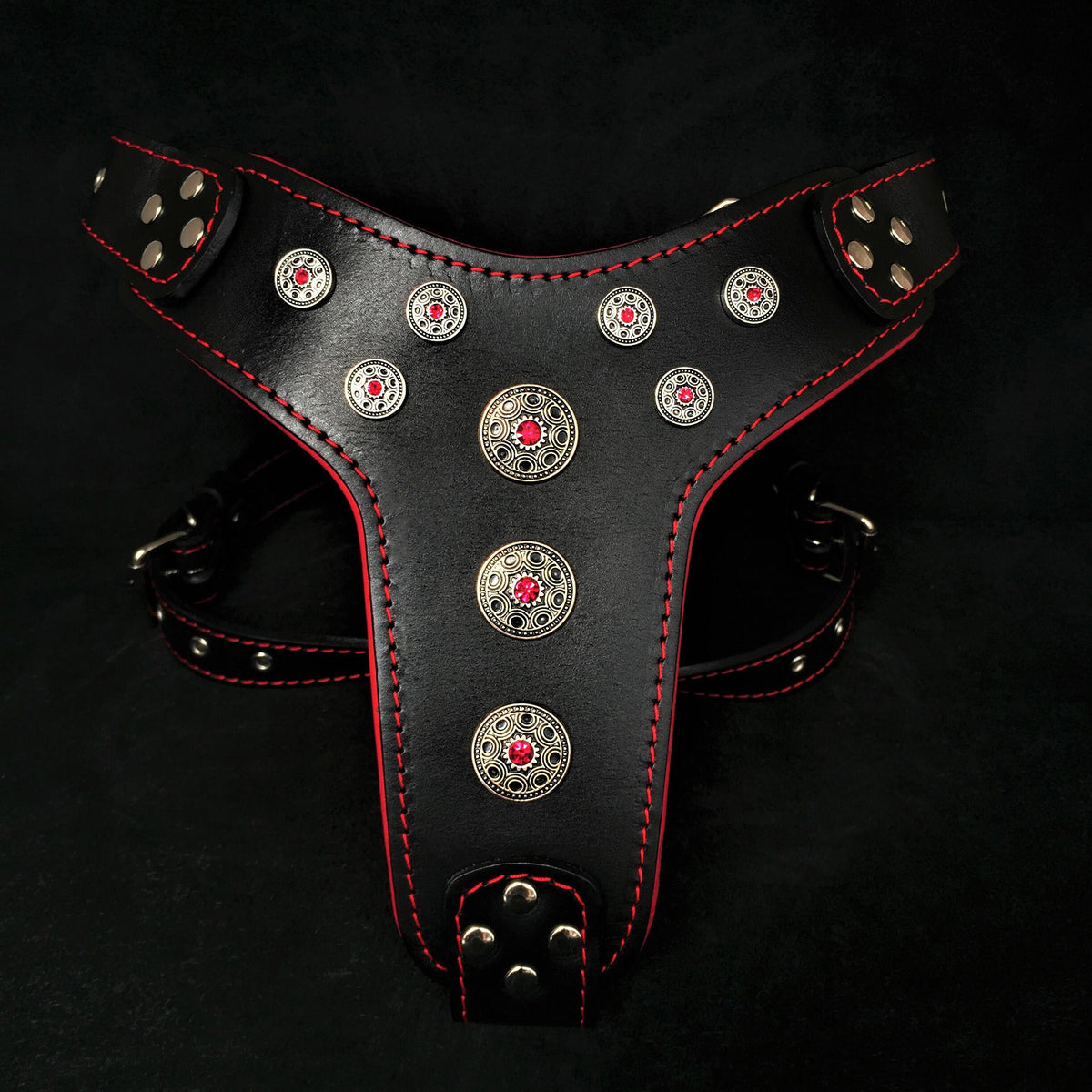 Arnés de cuero Bestia Bijou negro y rojo para perros grandes