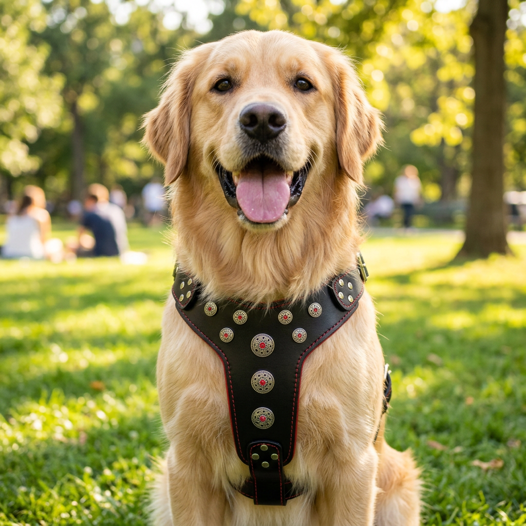 Arnés de cuero Bestia Bijou negro y rojo para perros grandes