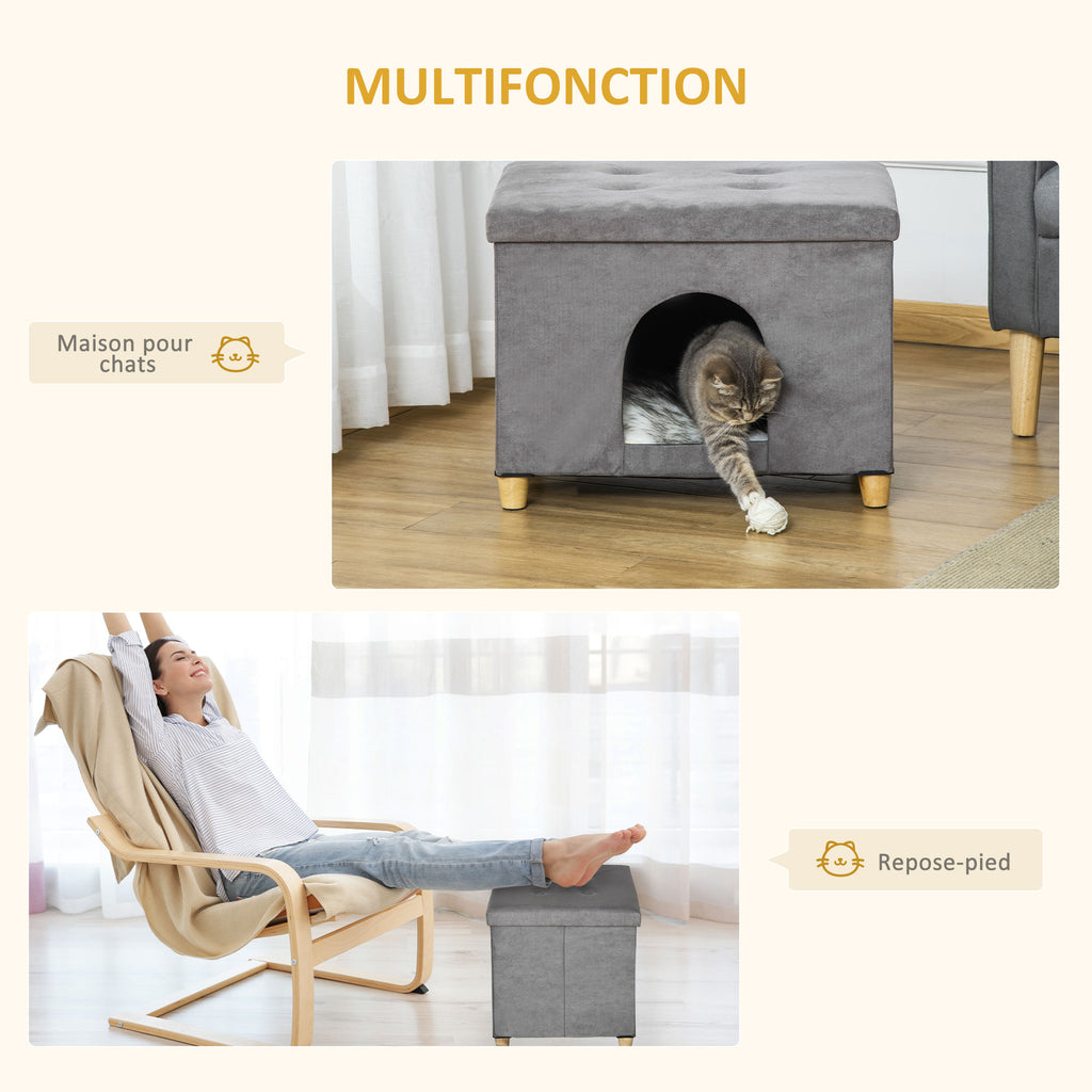 Cueva para gatos 2 en 1 con reposapiés y cojín de felpa, gris