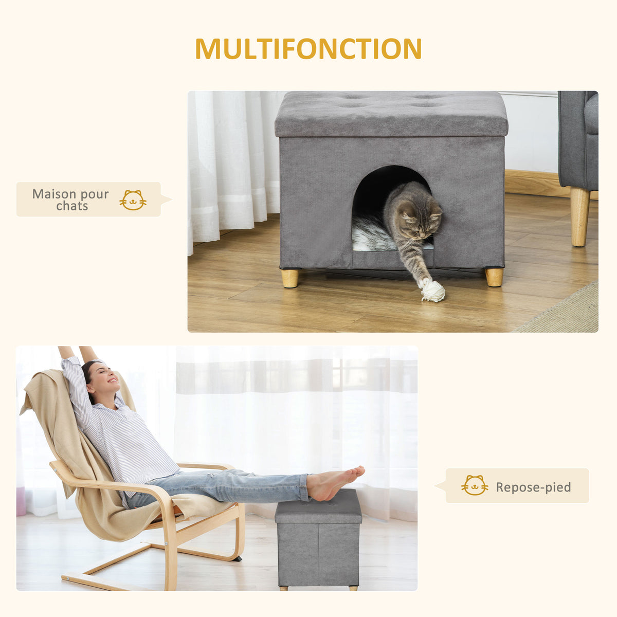 Cueva para gatos 2 en 1 con reposapiés y cojín de felpa, gris