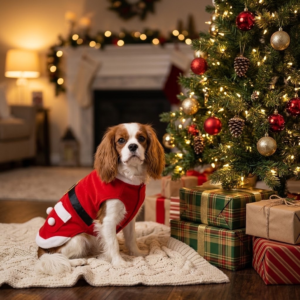 Cavalier con abrigo navideño de terciopelo rojo junto al árbol de Navidad