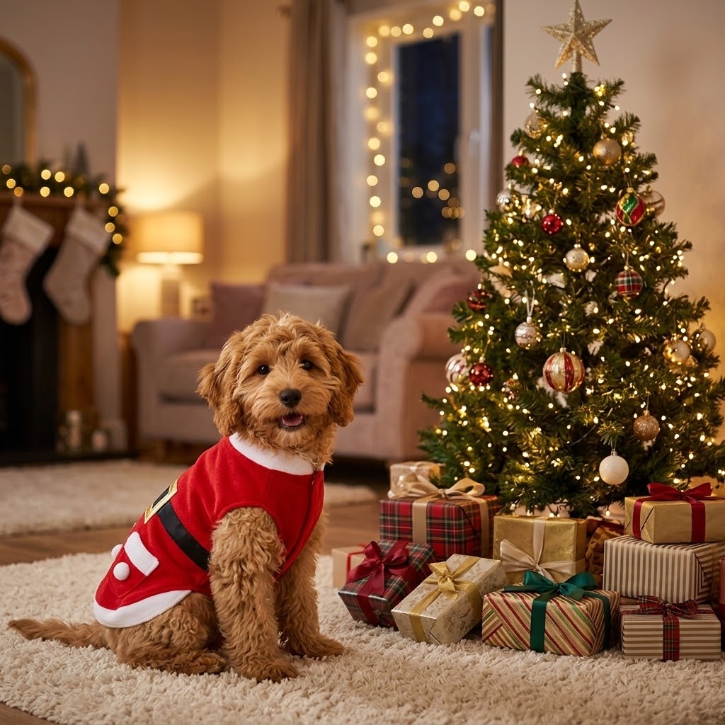 Perro con abrigo rojo de terciopelo navideño sentado entre regalos de Navidad
