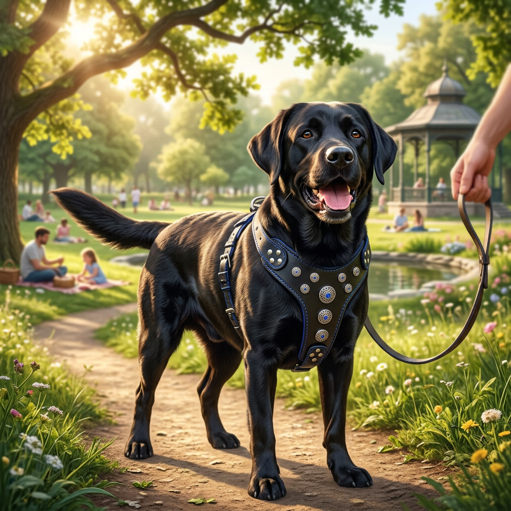Arnés de cuero Bestia Bijou negro y azul para perros grandes