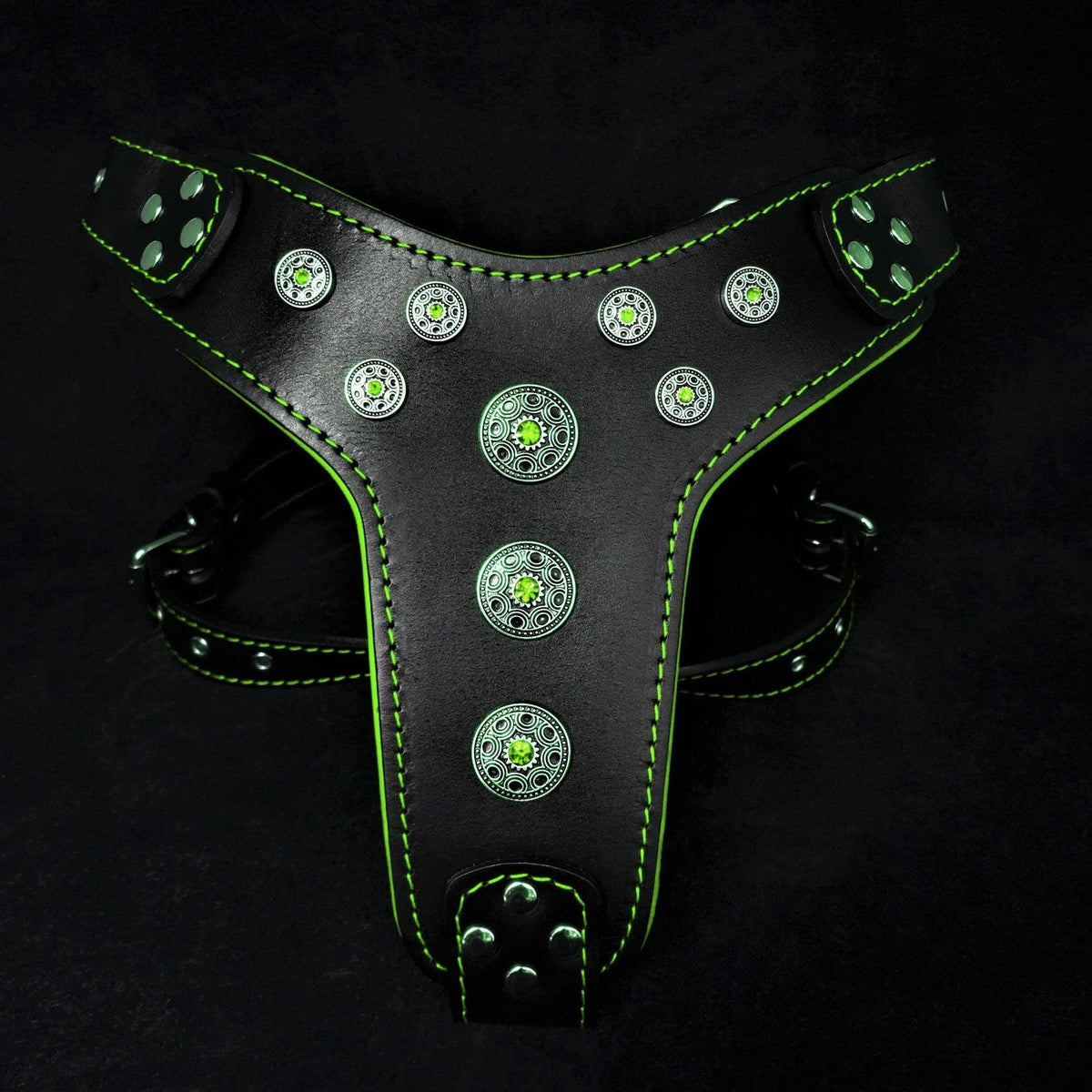 Arnés de cuero Bestia Bijou negro y verde para perros grandes