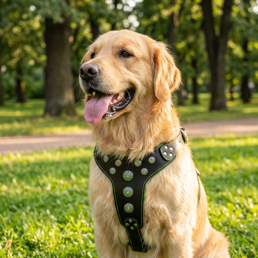 Arnés de cuero Bestia Bijou negro y verde para perros grandes