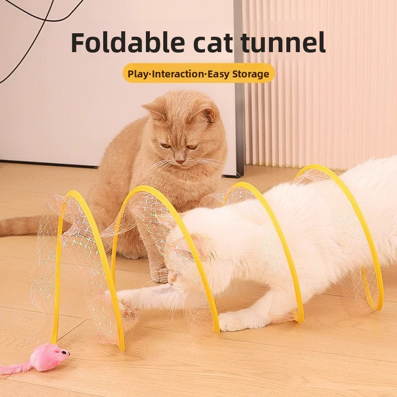 Túnel interactivo para gatos con plumas y cascabeles