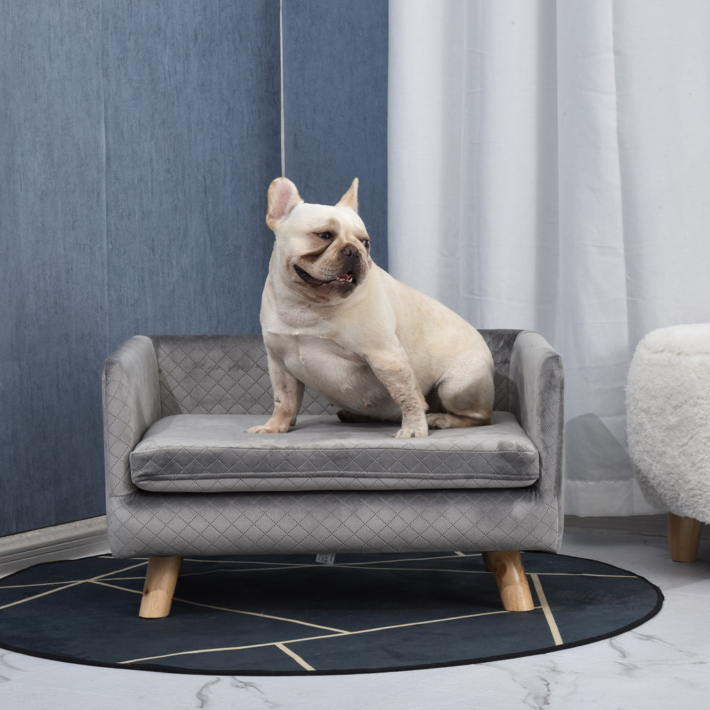 Sofá de terciopelo para perros pequeños con patas de madera, gris oscuro