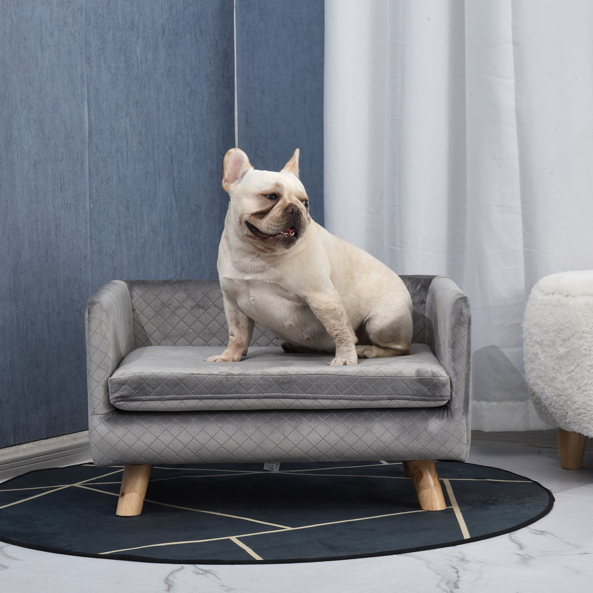 Sofá de terciopelo para perros pequeños con patas de madera, gris oscuro