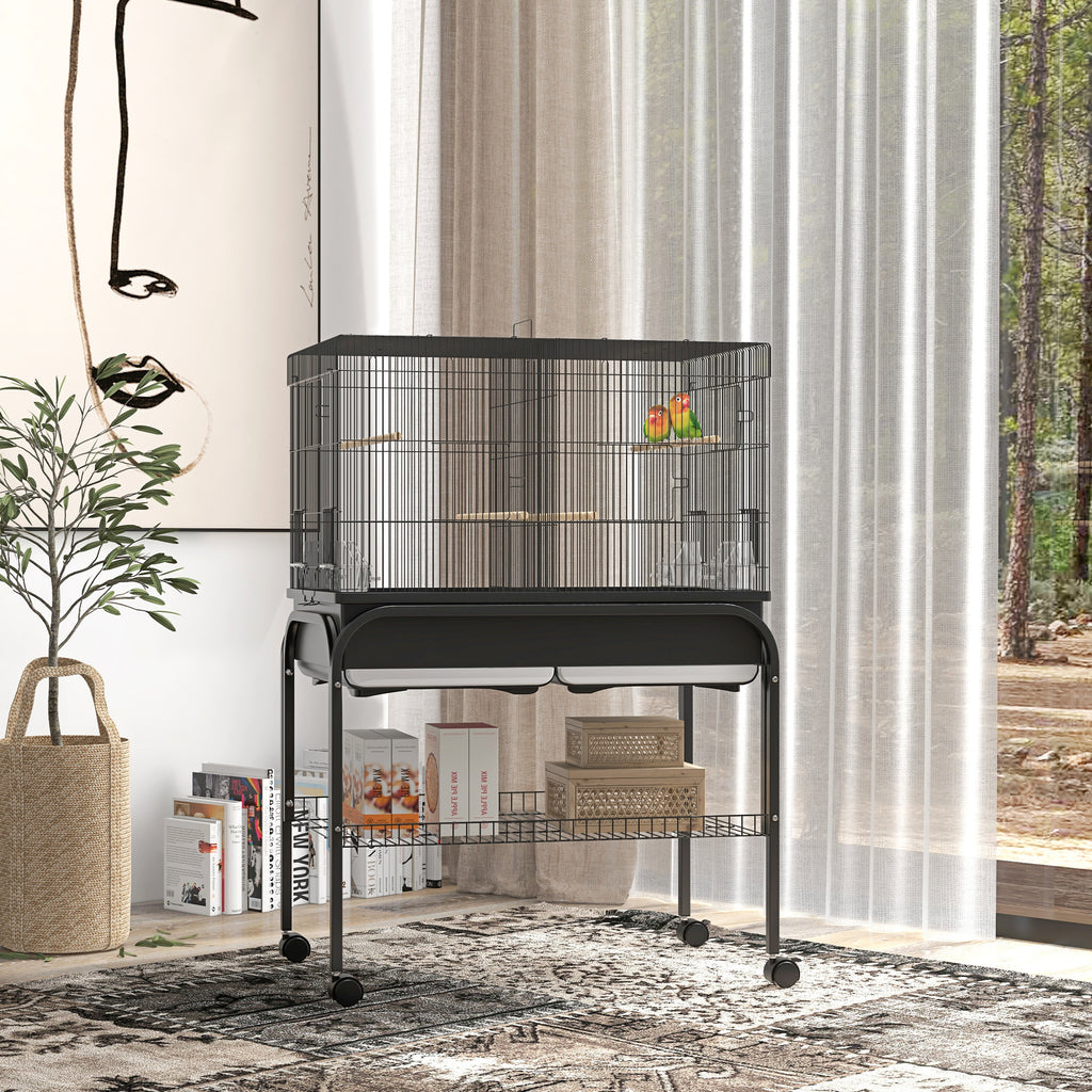 Jaula grande para pájaros y loros con soporte y ruedas, 85x49x119 cm, negra-1