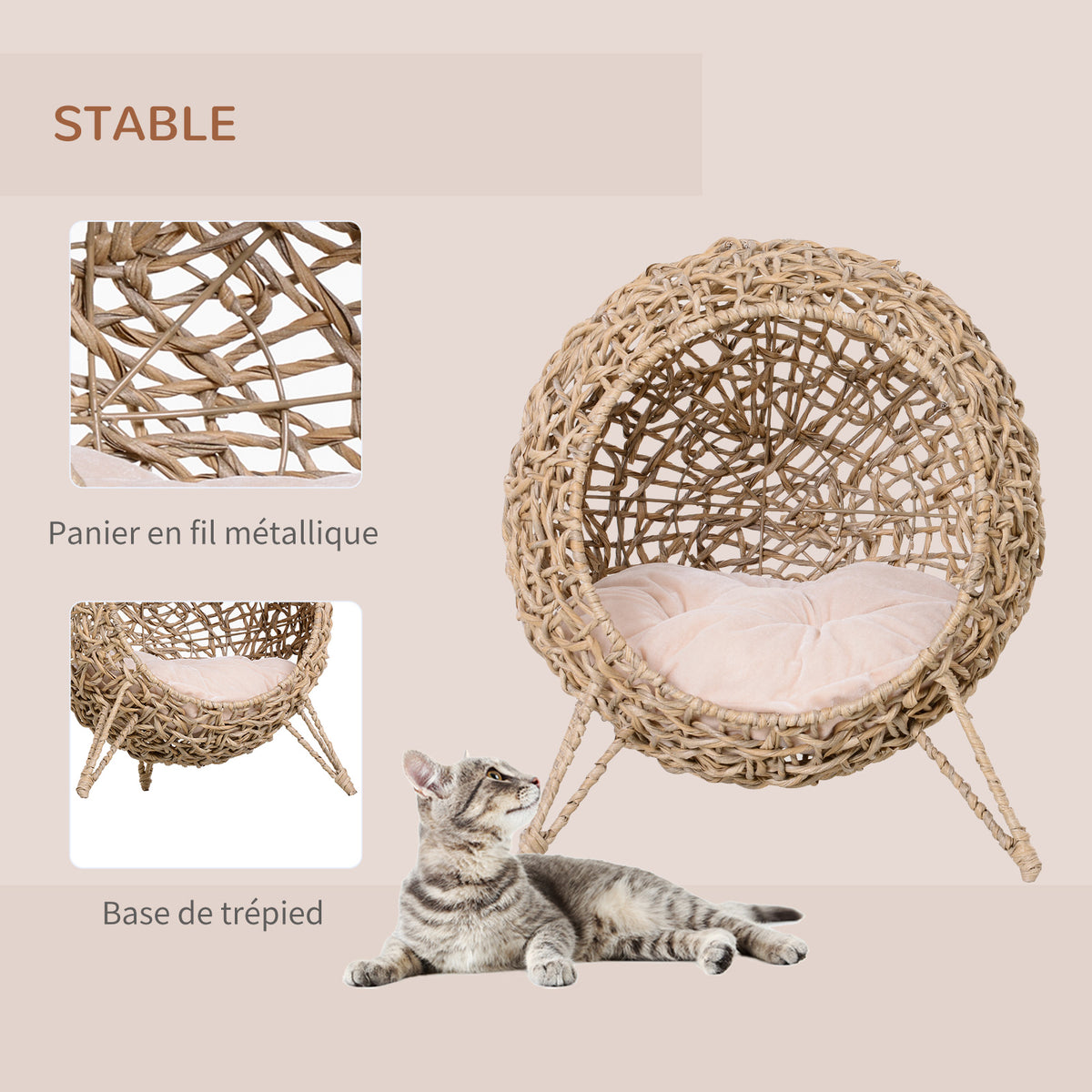 Cama cueva elevada de ratán para gatos con cojín de felpa, beige