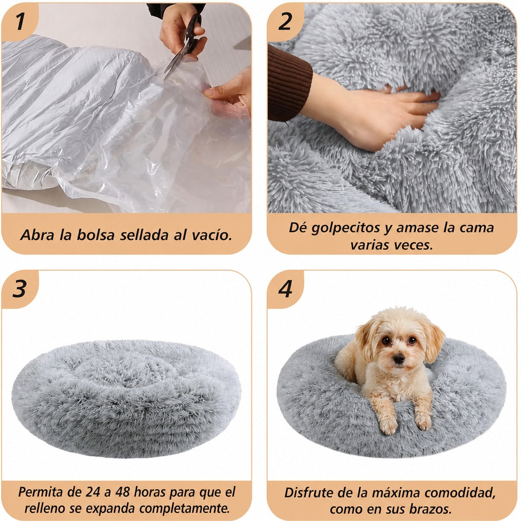 Cama donut gris de peluche para mascotas pequeñas