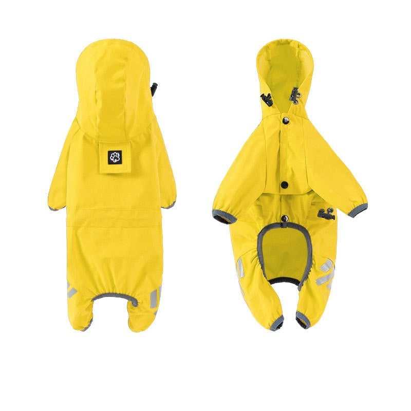 Impermeable amarillo con ribete gris, espalda y frente