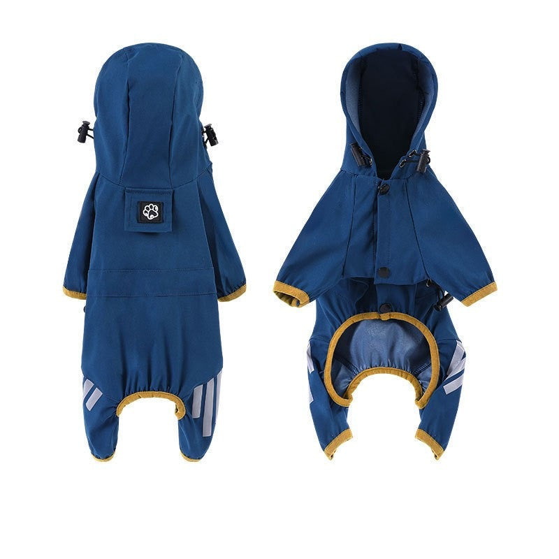 Impermeable azul con ribete amarillo, espalda y frente