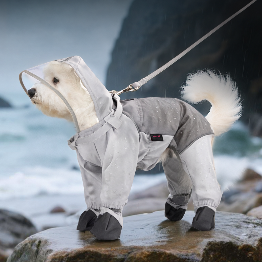 Perro con el chubasquero de cuatro patas con capucha transparente y botas de lluvia