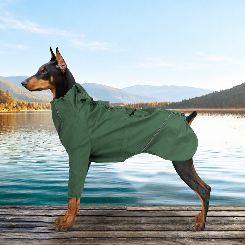 Dóberman con el chubasquero verde impermeable junto a un lago