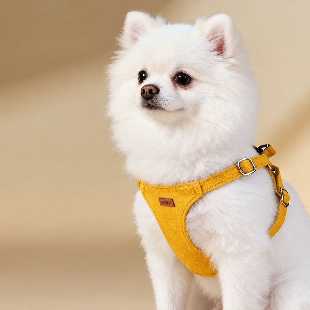 Pomerania blanco con el arnés de ante amarillo