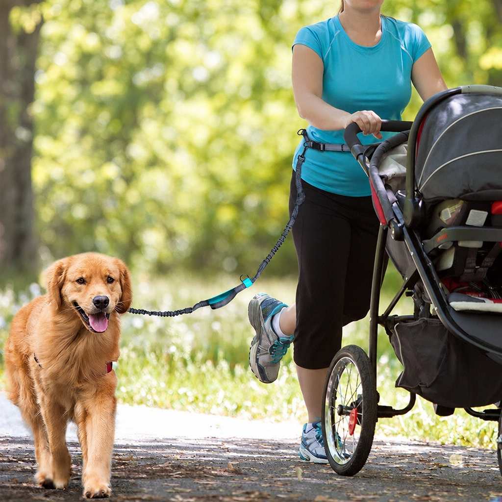 Mujer corriendo con carrito y perro sujeto con la correa manos libres