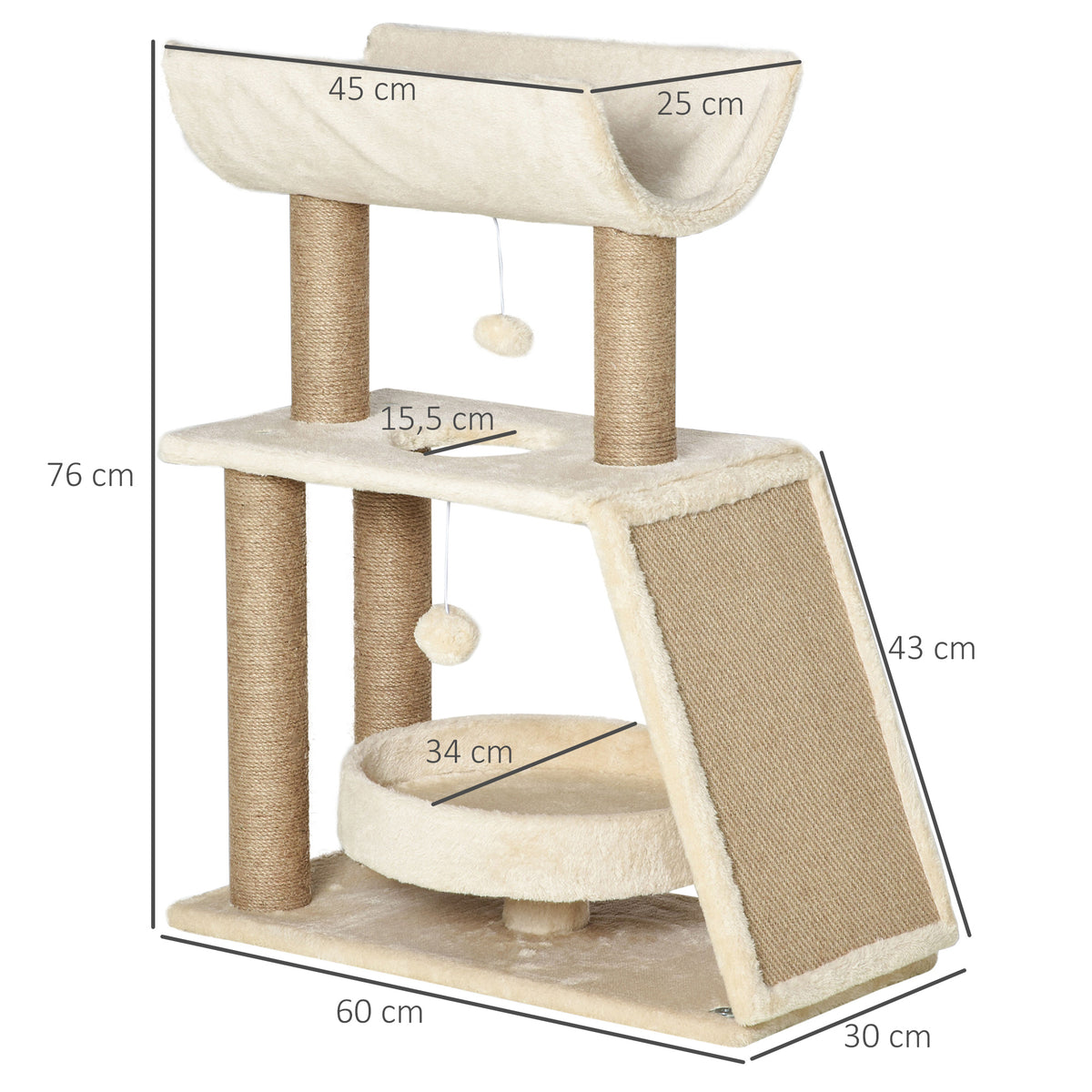 Árbol rascador para gatos con cama y plataformas, sisal natural, peluche suave