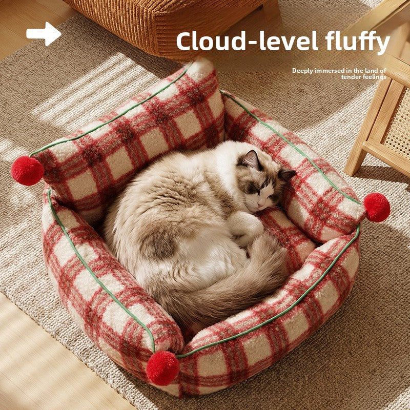Cama nido acolchada de cuadros para perros y gatos