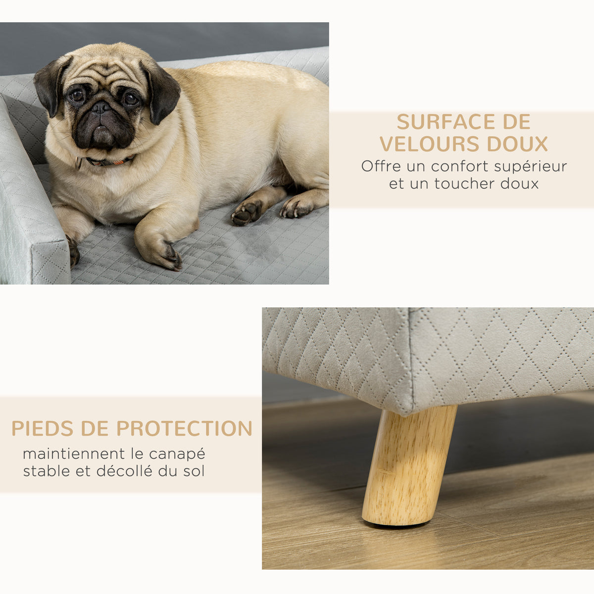 Sofá de terciopelo para perros pequeños con patas de madera, gris oscuro