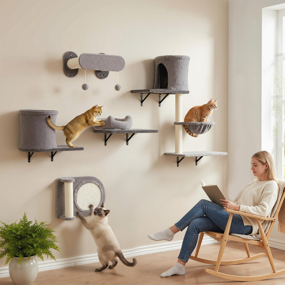 Árbol mural para gatos de 5 piezas con hamaca y rascadores