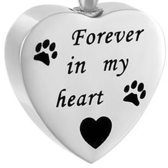 Colgante para cenizas de mascota en forma de corazón con huella grabada