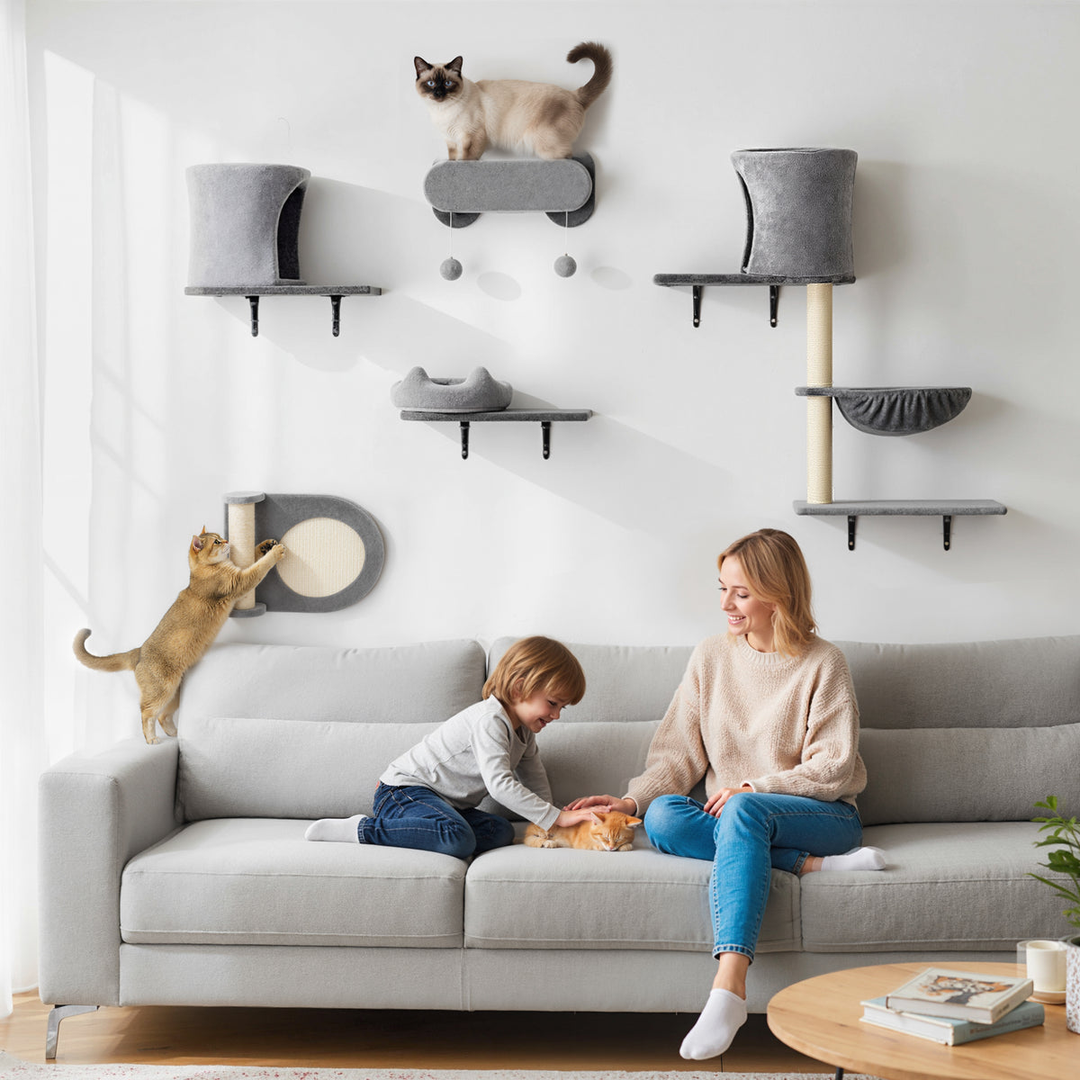 Árbol mural para gatos de 5 piezas con hamaca y rascadores
