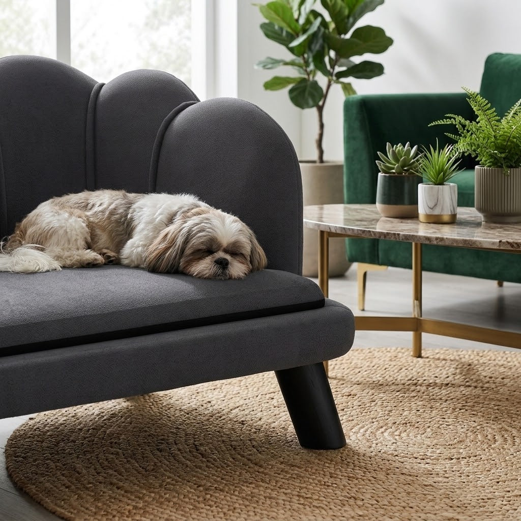 Sofá cama para perros y gatos con cojín de terciopelo gris en salón con plantas