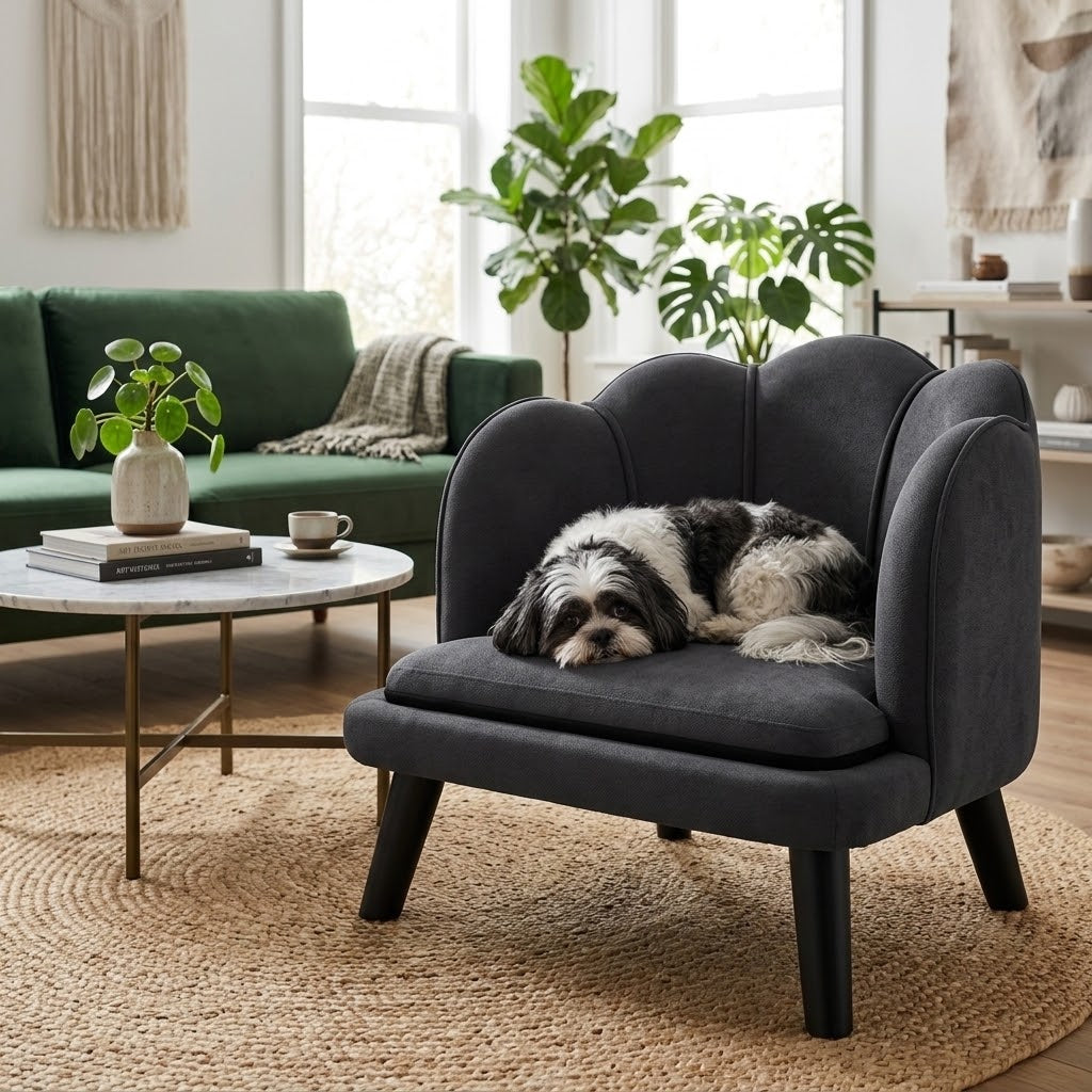 Sofá cama de terciopelo gris con shih tzu en salón moderno