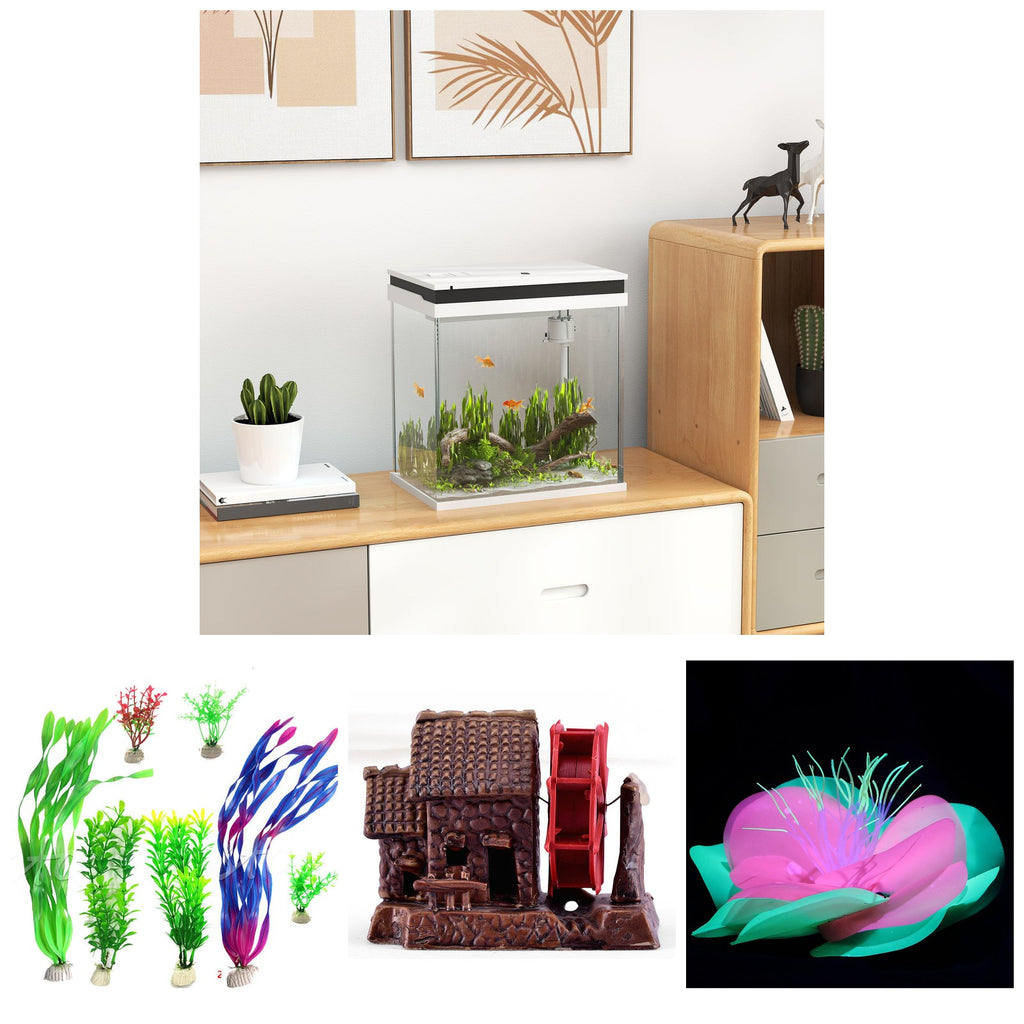 Acuario de 14 litros decorado con plantas, casita y coral