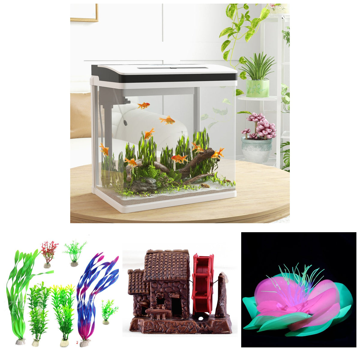 Acuario de 28 litros decorado con plantas, casita y coral
