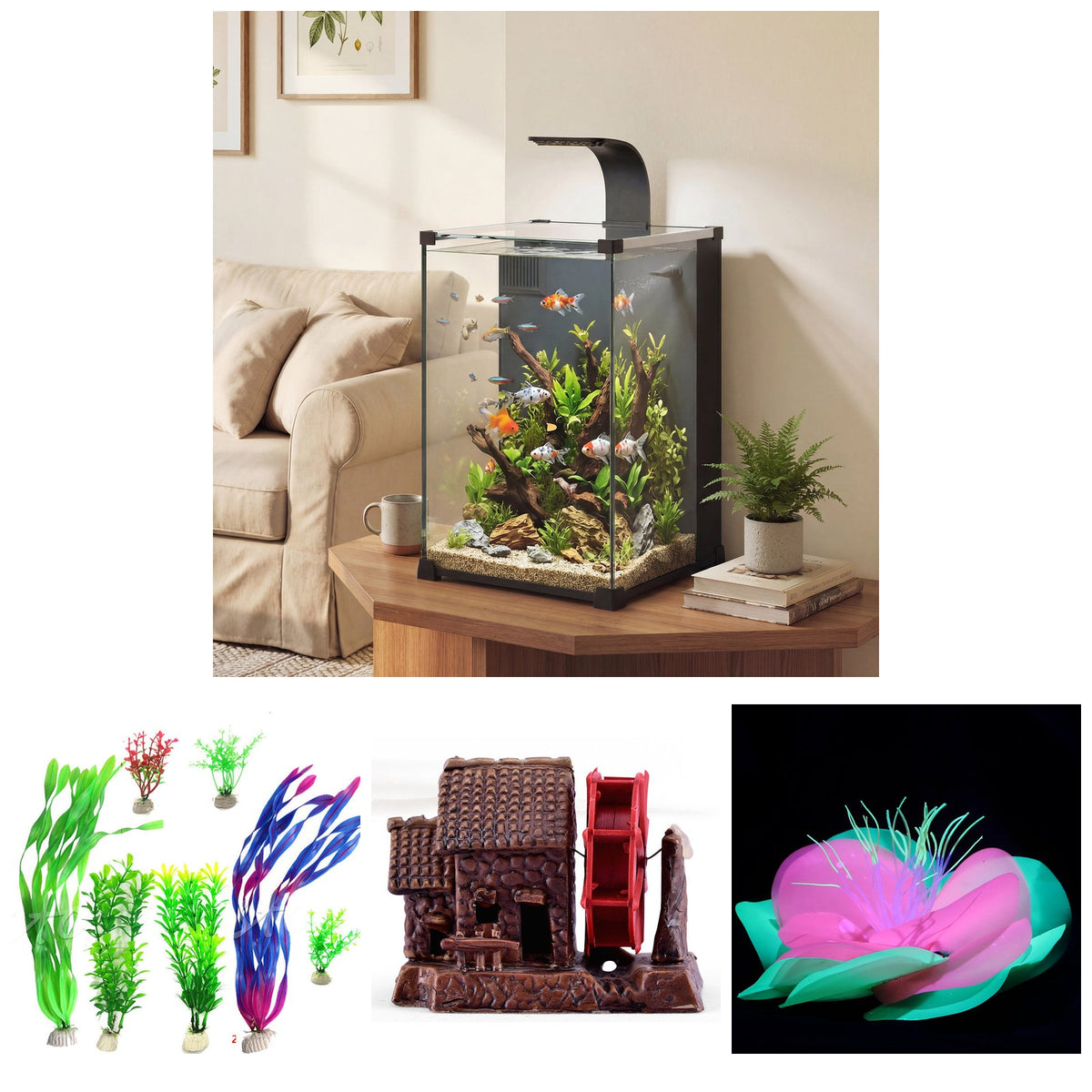 Acuario de 36 litros decorado con plantas, casita y coral