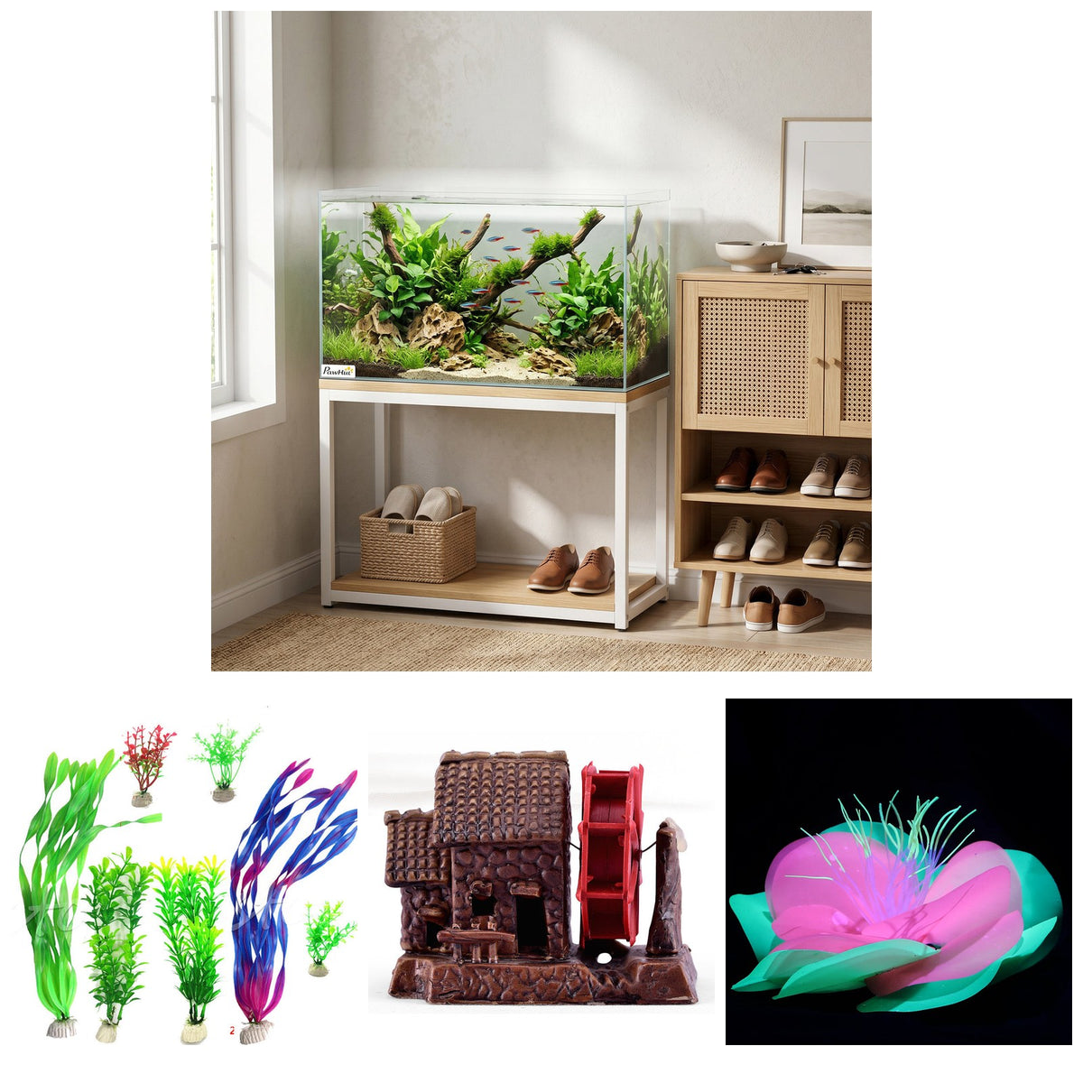 Acuario de 43 litros decorado con plantas, casita y coral